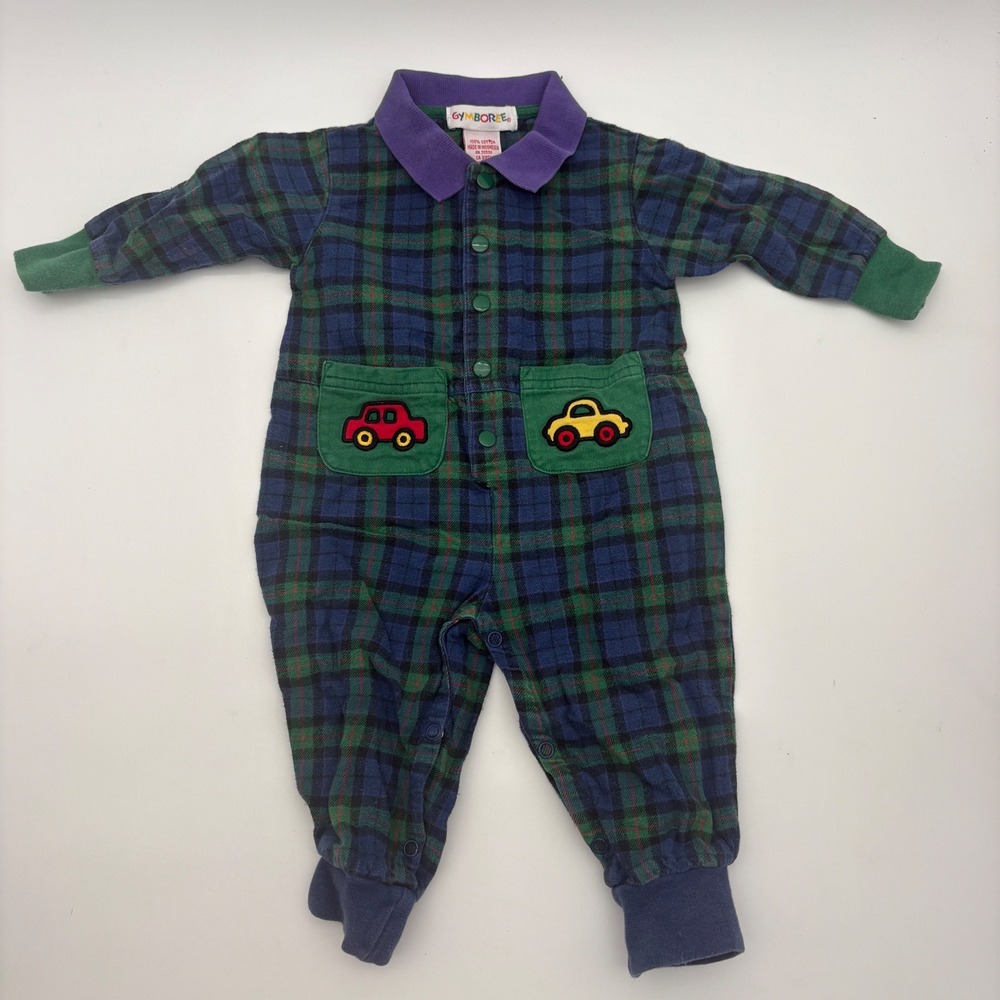 Vintage Gymboree Plaid Car Applique Romper Green Navy Blue Infant 100% Cotton